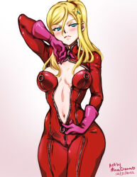 Rule 34 | 1girl, 2022, aqua eyes, arm up, artist name, atlus, blonde hair, bodysuit, breasts, breasts apart, closed mouth, color connection, commentary, cosplay, crossover, dated, english commentary, female focus, gloves, hair color connection, high ponytail, looking at viewer, medium breasts, metroid, mina cream, mole, mole under mouth, navel, nintendo, partially unzipped, persona, persona 5, pink gloves, red bodysuit, samus aran, sidelocks, skin tight, solo, takamaki anne, takamaki anne (cosplay), trait connection, unzipping, zipper, zipper pull tab