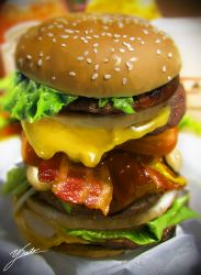 Rule 34 | bacon, burger, cheese, food, food focus, lettuce, no humans, photorealistic, realistic, saito yoshinobu, sesame seeds, signature