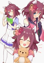 Rule 34 | 1girl, absurdres, animal ears, blue eyes, blush, commentary, detached sleeves, closed eyes, flower, hair flower, hair ornament, highres, horse ears, horse girl, looking at viewer, medium hair, one eye closed, open mouth, pink hair, sakura chiyono o (umamusume), school uniform, simple background, solo, stuffed toy, tracen school uniform, umamusume, white background, yamada auto