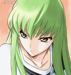 Rule 34 | 1girl, artist name, c.c., closed mouth, code geass, collarbone, edkas, green hair, hair between eyes, highres, long hair, looking to the side, portrait, solo, straight hair, yellow eyes