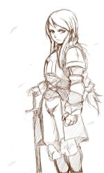 Rule 34 | 1girl, agrias oaks, breasts, final fantasy, final fantasy tactics, long hair, monochrome, simple background, solo, sun-k, sword, weapon, white background
