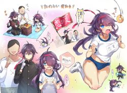 Rule 34 | 1girl, 2boys, ahoge, blue eyes, bouncing breasts, bound, breasts, chibi, collarbone, diadem, doughnut, expressionless, faceless, faceless male, falling, father and daughter, father and son, flag, food, gym uniform, half-closed eyes, haruto (pokoten), heart, japanese text, jumping, kneeling, large breasts, long hair, looking back, multiple boys, open mouth, original, picnic, picnic basket, pokoten (pokoten718), purple eyes, purple hair, renna (pokoten), school uniform, seiza, siblings, sitting, size difference, speech bubble, text focus, translation request, triangle mouth, twintails