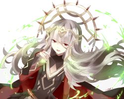 Rule 34 | 1girl, cape, colorized, fire emblem, hair ornament, long hair, looking at viewer, magic, nintendo, red eyes, silver hair, simple background, solo, veronica (fire emblem), white background