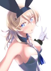 Rule 34 | 1girl, alternate costume, animal ears, blonde hair, blue eyes, commentary request, detached collar, gloves, gradient neckerchief, highres, kantai collection, leotard, looking at viewer, medium hair, playboy bunny, rabbit ears, simple background, solo, tsukasa (tukasa br), tuscaloosa (kancolle), upper body, white background, white gloves, white leotard, wrist cuffs