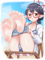 Rule 34 | 1girl, ayane (blue archive), barefoot, bikini, bikini under clothes, black hair, blue archive, blue bikini, blush, brown eyes, cameltoe, chair, clothes pull, collarbone, feet, foot focus, foreshortening, glasses, halo, highres, hinosaki, jacket, knees up, legs up, low ponytail, open clothes, open jacket, open mouth, pants, pants pull, pointy ears, ponytail, short ponytail, shorts, shorts pull, soles, solo, striped bikini, striped clothes, swimsuit, thighs, toes