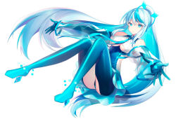 Rule 34 | 1girl, aqua eyes, aqua hair, ass, bare shoulders, blue dress, blue gloves, breasts, clothing cutout, detached sleeves, dress, elbow gloves, eureka iris, full body, gloves, hair ornament, kagachi saku, knees up, large breasts, liver city, long hair, looking at viewer, multicolored hair, necktie, official art, outstretched arms, parted lips, ponytail, see-through, see-through sleeves, simple background, solo, thigh cutout, two-tone hair, underboob, underboob cutout, very long hair, virtual youtuber, white background, white hair