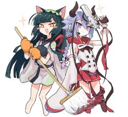 Rule 34 | + +, 1girl, 1other, :3, animal ear fluff, animal ears, animal hands, arm up, asymmetrical legwear, black gloves, blood, blue hair, blunt bangs, blunt ends, blush stickers, braid, braided ponytail, broom, buttons, cat ears, commentary request, cropped legs, desert eagle, detached sleeves, dress, earpiece, fang, floating hair, gloves, gradient hair, green hair, green hairband, gun, hairband, handgun, highres, hikimayu, hime cut, holding, holding broom, holding gun, holding mop, holding weapon, hood, hood down, hooded dress, horns, japanese clothes, kasa (hitori sanka), kemonomimi mode, kimono, long hair, looking at viewer, meika mikoto, mismatched legwear, mop, multicolored hair, muneate, obi, partially fingerless gloves, paw gloves, pigeon-toed, purple eyes, purple hair, red dress, sash, short kimono, simple background, single detached sleeve, single glove, single wrist cuff, sleeveless, sleeveless dress, sleeveless jacket, sleeves rolled up, smile, sparkle, streaked hair, tasuki, touhoku zunko, two-handed, vest, voiceroid, weapon, white background, white kimono, white vest, wide sleeves, wrist cuffs