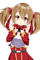 Rule 34 | 1girl, :o, belt, brown hair, fingerless gloves, gloves, hair between eyes, hair ribbon, highres, looking at viewer, open mouth, red eyes, red ribbon, ribbon, short hair, short twintails, silica, solo, sword art online, twintails, white background, wistar1as