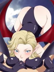 Rule 34 | 1boy, 1girl, ass, atlus, blonde hair, blue eyes, blush, breasts, censored, demon girl, covered erect nipples, fellatio, hetero, latex, looking at viewer, oral, pointy ears, pov, shin megami tensei, succubus(shin megami tensei), succubus (megami tensei), uk-violet, wings
