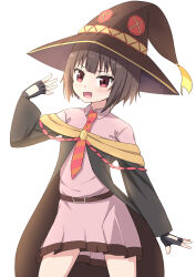 Rule 34 | 1girl, arm up, belt, black cape, black gloves, blush, brown belt, brown hair, button eyes, buttons, cape, coat, collared dress, commentary, cowboy shot, dress, fingerless gloves, flat chest, gloves, hat, highres, kono subarashii sekai ni shukufuku wo!, long sleeves, looking at viewer, making-of available, megumin, necktie, open mouth, orange necktie, pink dress, pink eyes, red necktie, short dress, short hair, simple background, solo, striped necktie, takasuma hiro, white background, witch hat