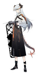 Rule 34 | 1girl, anklet, arknights, belt, black footwear, black skirt, boots, chinese commentary, commentary request, dragon horns, dragon tail, full body, high-waist skirt, highres, holding, holding shield, holding weapon, horns, infection monitor (arknights), jewelry, long hair, long sleeves, looking at viewer, orange eyes, profile, saria (arknights), shield, shirt, sideways glance, silver hair, simple background, skirt, solo, standing, syringe gun, tail, weapon, white background, white shirt, xiandao1213