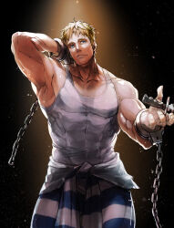 Rule 34 | 1boy, armpits, arms behind head, bara, clothes around waist, cody travers, covered abs, cuffs, dagger, facial hair, feet out of frame, final fight, goatee, handcuffs, head tilt, holding, holding dagger, holding knife, holding weapon, karipaku, knife, large pectorals, male focus, mature male, muscular, muscular male, pectoral cleavage, pectorals, prison clothes, seductive smile, shirt, sidepec, smile, solo, sparkling sweat, spotlight, standing, stubble, sweat, tank top, thighs, tight clothes, tight shirt, weapon, white tank top