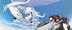 Rule 34 | 1girl, absurdres, aircraft, airplane, armband, blue sky, brown hair, cloud, cloudy sky, commentary request, day, dragon, gloves, goggles, highres, long hair, morakkyo (mephilas g3), original, riding, sky, vehicle focus