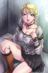 Rule 34 | 1girl, blonde hair, blouse, blue eyes, blush, boots, breasts, capcom, choker, cleavage, demento, fiona belli, impossible clothes, impossible shirt, large breasts, looking up, miniskirt, open mouth, ponytail, sgk, shirt, sitting, skirt, sweat