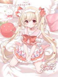 Rule 34 | 1girl, absurdres, apron, blonde hair, blush, bow, commission, food-themed hair ornament, frilled sailor collar, frills, hair bow, hair ornament, highres, ichigono parfait, indie virtual youtuber, long hair, no shoes, open mouth, pillow, pink sailor collar, pink socks, red bow, red eyes, sailor collar, second-party source, sitting, skeb commission, socks, solo, strawberry hair ornament, stuffed animal, stuffed rabbit, stuffed toy, twintails, very long hair, virtual youtuber, wariza, white apron, yurufuwa milk