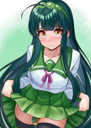 Rule 34 | 1girl, absurdres, ahoge, between legs, black thighhighs, blunt bangs, blush, closed mouth, clothes lift, collarbone, cowboy shot, embarrassed, flying sweatdrops, frown, gift, gradient background, green background, green hair, green hairband, green sailor collar, green skirt, hairband, highres, lifting own clothes, long hair, long sleeves, looking at viewer, nose blush, pleated skirt, sailor collar, school uniform, serafuku, shirt, sidelocks, skirt, skirt lift, solo, straight hair, tenneko yuuri, thighhighs, touhoku zunko, valentine, very long hair, voiceroid, white shirt, yellow eyes, zettai ryouiki