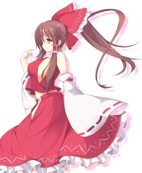 Rule 34 | 1girl, blush, bow, breasts, brown eyes, brown hair, detached sleeves, fal maro, female focus, finger to face, hair bow, hair tubes, hakurei reimu, hand on own face, highres, japanese clothes, large breasts, long hair, long sleeves, midriff, miko, no bra, ponytail, shirt, side slit, sideboob, skirt, skirt set, solo, touhou