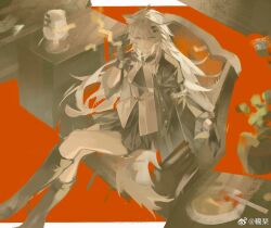 Rule 34 | 1girl, animal ears, arknights, black footwear, black gloves, black jacket, black skirt, boots, buttons, chinese commentary, commentary request, crossed legs, feet out of frame, from above, gloves, grey eyes, grey hair, grey tail, hair between eyes, hair ornament, hairclip, highres, jacket, knee boots, lappland (arknights), lin qing (phosphorus 1104), long hair, long sleeves, looking at viewer, looking up, open clothes, open jacket, scar, scar across eye, sitting, skirt, smile, solo, tail, unbuttoned, unfinished, watermark, weibo logo, weibo watermark, wolf ears, wolf girl, wolf tail
