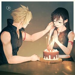 Rule 34 | 1boy, 1girl, arm ribbon, bare shoulders, birthday, birthday cake, black hair, black vest, blonde hair, breasts, cake, closed eyes, closed mouth, cloud strife, commentary, couple, crop top, earrings, final fantasy, final fantasy vii, final fantasy vii advent children, food, hair behind ear, hands up, happy birthday, heart, high collar, highres, jewelry, light blush, long hair, maiii (smaii i), medium breasts, midriff peek, own hands together, red ribbon, ribbon, single earring, sitting, smile, spiked hair, spoken heart, symbol-only commentary, table, tank top, teardrop earring, tifa lockhart, twitter username, upper body, vest, white tank top