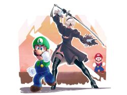 Rule 34 | 1girl, 2b (nier:automata), 2boys, blue eyes, boots, breasts, brothers, cleavage, crossover, facial hair, full body, gloves, hair ornament, hair over one eye, hairclip, hat, highres, jiggidyjakes, legs, looking at another, looking at viewer, luigi, mario, mario (series), mask, medium breasts, multiple boys, mustache, nier:automata, nier (series), nintendo, overalls, serious, siblings, square enix, super mario bros. 1, surprised, sword, weapon, white hair