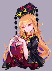 Rule 34 | 1girl, black dress, black headwear, breasts, chinese clothes, cleavage, cleavage cutout, closed mouth, clothing cutout, dress, grey background, highres, junko (touhou), large breasts, long hair, long sleeves, one-hour drawing challenge, orange hair, phoenix crown, raptor7, red eyes, simple background, smile, solo, tabard, touhou, upper body, wide sleeves