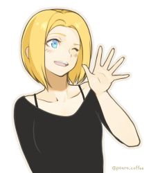 Rule 34 | 1girl, aged up, alternate costume, alternate hairstyle, bad id, bad twitter id, black shirt, blonde hair, blue eyes, blush, commentary request, eyelashes, fingernails, kagamine rin, looking to the side, one eye closed, outline, poaro, shirt, short hair, simple background, solo, strap, twitter username, vocaloid, waving, white background, wink