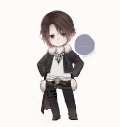 Rule 34 | 1boy, alternate species, belt, belt buckle, black footwear, black gloves, black jacket, black pants, blue eyes, brown hair, buckle, commentary request, dated, final fantasy, final fantasy viii, final fantasy xiv, full body, fur-trimmed jacket, fur-trimmed waist cape, fur trim, gloves, hands on own hips, hiryuu (kana h), in-franchise crossover, jacket, jewelry, lalafell, long sleeves, male focus, necklace, open clothes, open jacket, pants, pointy ears, scar, scar on face, shirt, short hair, signature, simple background, solo, squall leonhart, sweatdrop, thigh strap, v-neck, waist cape, white background, white shirt