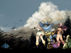 Rule 34 | 2boys, 2girls, armor, ass, back, bare shoulders, beard, bikini armor, blue hair, boots, brown hair, cape, chunsoft, circlet, cloud, day, dragon quest, dragon quest iii, enix, facial hair, gloves, grass, hat, head wings, headstand, helmet, mage (dq3), multiple boys, multiple girls, panties, pauldrons, roto (dq3), sage (dq3), shoulder armor, sky, slime (dragon quest), smoke, soldier (dq3), staff, sword, twinpoo, underwear, weapon, white panties, wind, wind lift, wings