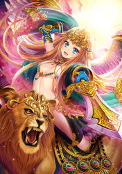 Rule 34 | 1girl, :d, blonde hair, blue eyes, fang, gloves, highres, jewelry, lion, long hair, mado*pen, md5 mismatch, open mouth, original, resolution mismatch, riding, shawl, smile, solo, source smaller, sword, tiara, weapon, wings