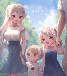 Rule 34 | 2boys, 2girls, artist name, blush, breasts, brown eyes, child, clothes writing, collarbone, commission, conte di cavour (kancolle), family, grey hair, grey skirt, holding hands, if they mated, kantai collection, large breasts, long hair, multiple boys, multiple girls, open mouth, shirt, short hair, short sleeves, signature, skeb commission, skirt, smile, white shirt, wss (nicoseiga19993411)