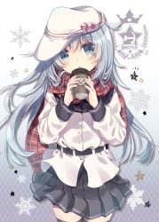 Rule 34 | 10s, 1girl, black skirt, black thighhighs, blue eyes, blue hair, blush, character name, cup, hammer and sickle, hat, hibiki (kancolle), highres, holding, holding cup, kantai collection, long hair, long sleeves, looking at viewer, mitsuki ponzu, parted lips, red scarf, scarf, skirt, solo, thighhighs, verniy (kancolle), white hat