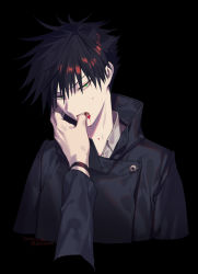 Rule 34 | 2boys, arm tattoo, biting, black background, black hair, black jacket, black nails, blood, blouse, buttons, commentary request, cropped arms, cropped torso, finger biting, finger in another&#039;s mouth, finger to another&#039;s mouth, fushiguro megumi, green eyes, hair between eyes, jacket, jujutsu kaisen, long sleeves, male focus, multiple boys, nail polish, open mouth, ryoumen sukuna (jujutsu kaisen), school uniform, shirt, short hair, spiked hair, sweatdrop, tattoo, white shirt, wuzhiang liufu, yaoi