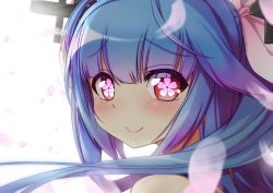 Rule 34 | 10s, 1girl, bare shoulders, blue hair, blush, close-up, flower-shaped pupils, gradient hair, haniyama kurofo, i-19 (kancolle), kantai collection, long hair, multicolored hair, petals, purple hair, red eyes, simple background, smile, solo, symbol-shaped pupils, tri tails, white background