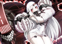 Rule 34 | 10s, 1girl, abyssal ship, bare shoulders, breasts, claws, curvy, detached sleeves, dress, exeb., horns, huge breasts, kantai collection, long hair, narrow waist, pale skin, red eyes, ribbed dress, seaport princess, short dress, sideboob, single horn, solo, thick thighs, thighs, very long hair, white hair, wide hips