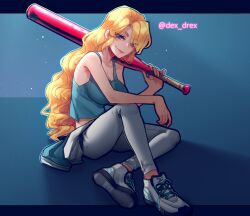 Rule 34 | absurdres, bare arms, bare shoulders, baseball bat, blonde hair, blue eyes, breasts, closed mouth, clothes around waist, commission, green background, green shirt, grey pants, half-closed eyes, highres, holding, holding baseball bat, jacket, jacket around waist, knee up, large breasts, long hair, original, pants, popopoka, shirt, shoes, sitting, smile