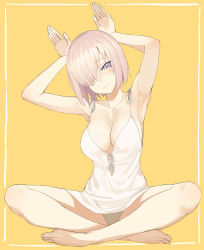 Rule 34 | 1girl, armpits, arms up, bare legs, barefoot, breasts, cleavage, collarbone, dress, fate/grand order, fate (series), feet, hair over one eye, highres, indian style, large breasts, mash kyrielight, panties, pantyshot, pink hair, purple eyes, rabbit pose, short dress, simple background, sitting, smile, solo, throtem, toes, underwear, white dress, white panties, yellow background