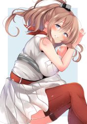 Rule 34 | 10s, 1girl, armpit peek, ascot, ashino, blue eyes, breast pocket, breasts, brown hair, dress, hair between eyes, highres, kantai collection, large breasts, long hair, looking at viewer, lying, neckerchief, on side, pocket, ponytail, red ascot, red neckerchief, red thighhighs, saratoga (kancolle), side ponytail, sidelocks, solo, thighhighs, white dress