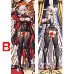 Rule 34 | 1girl, absurdly long hair, aegir (azur lane), arm up, armored boots, armpits, ass, azur lane, back, backless outfit, black cape, black dress, black footwear, black gloves, blush, bodystocking, boots, bottle, breasts, cape, censored, commentary, corset, covered navel, cup, curled horns, curtains, curvy, dakimakura (medium), demon horns, dress, drinking glass, earrings, elbow gloves, fishnets, fork, from above, from behind, full body, gloves, hair between eyes, hand in own hair, heart, heart censor, high heel boots, high heels, horns, jewelry, large breasts, long hair, looking at viewer, looking back, lying, multicolored hair, multiple views, nipples, no panties, on back, on table, plate, pussy juice, qi yuan zhi yu, red hair, red wine, sample watermark, silver hair, skin tight, smile, spill, spilling, standing, streaked hair, table, tile floor, tiles, tongue, tongue out, torn bodystocking, torn clothes, torn legwear, two-sided cape, two-sided fabric, two-tone hair, underbust, very long hair, watermark, window, wine, wine bottle, wine glass, yellow eyes