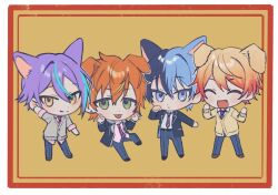 Rule 34 | 4boys, :p, animal ears, aoyagi touya, aqua hair, belt, black belt, black footwear, blazer, blonde hair, blue eyes, blue hair, blue pants, brown footwear, cardigan, cat boy, cat ears, claw pose, closed eyes, closed mouth, collared shirt, commentary request, dark blue hair, diagonal-striped clothes, diagonal-striped necktie, dog boy, dog ears, dot nose, drawstring, earrings, facing viewer, fang, full body, gradient hair, green eyes, grey cardigan, hand up, hands up, jacket, jewelry, kamishiro rui, kamiyama high school uniform (project sekai), lapels, long hair, looking at viewer, male focus, multicolored hair, multiple boys, necktie, notched lapels, open clothes, open jacket, open mouth, orange hair, pants, paw pose, project sekai, purple hair, school uniform, shinonome akito, shirt, sleeves rolled up, sorase (so17p), split-color hair, streaked hair, striped clothes, tenma tsukasa, tongue, tongue out, two-tone hair, very long hair, yellow cardigan, yellow eyes