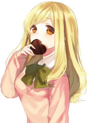 Rule 34 | 1girl, blonde hair, bow, bowtie, candy, character request, chocolate, chocolate heart, covered mouth, covering own mouth, food, heart, long hair, midorikawa you, orange eyes, school uniform, solo, white background