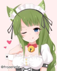 Rule 34 | 1girl, alternate costume, animal ears, artist name, bell, blue eyes, blush, bow, breasts, cat ears, closed mouth, collarbone, enmaided, frozenpile, green hair, heart, kantai collection, looking at viewer, maid, maid headdress, medium breasts, one eye closed, pink background, puffy short sleeves, puffy sleeves, red bow, short sleeves, simple background, smile, solo, tongue, tongue out, twitter username, upper body, yuugumo (kancolle)