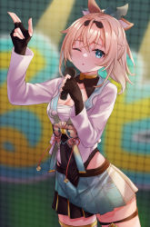 Rule 34 | 1girl, :o, ;o, absurdres, black gloves, black hairband, blonde hair, blush, breasts, chest sarashi, cleavage, crossed bangs, dot nose, fingerless gloves, furrowed brow, gloves, gold choker, green eyes, green skirt, hair ornament, hairband, hand up, highres, hololive, idol, japanese clothes, kazama iroha, leaf hair ornament, long sleeves, looking at viewer, miniskirt, one eye closed, parted lips, pizza (pizzania company), pleated skirt, ponytail, sarashi, skirt, small breasts, solo, thigh strap, virtual youtuber