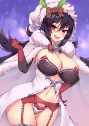Rule 34 | 1girl, bell, black hair, bow, bowtie, bra, breasts, breath, christmas, cleavage, clenched hand, elbow gloves, fang, feet out of frame, fur collar, garter belt, gloves, hand on own hip, hat, ilya (christmas) (princess connect!), ilya (princess connect!), kuavera, large breasts, lipstick, long hair, makeup, navel, nervous smile, open mouth, panties, princess connect!, red eyes, santa hat, signature, smile, solo, underwear, very long hair, white hat