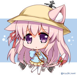 Rule 34 | 1girl, animal ears, azur lane, bad id, bad pixiv id, cat ears, cat tail, chibi, commentary request, ears through headwear, hat, kindergarten uniform, kisaragi (azur lane), long hair, looking at viewer, machinery, noai nioshi, parted lips, pink hair, pleated skirt, purple eyes, school hat, simple background, skirt, solo, tail, thighhighs, torpedo tubes, turret, white background, white thighhighs