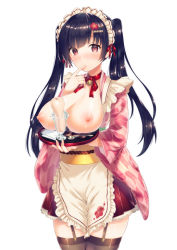 Rule 34 | 1girl, apron, artificial vagina, bell, black hair, blush, breast rest, breasts, breasts on tray, breasts out, brown eyes, carried breast rest, carrying, choker, cleavage, cowboy shot, finger in own mouth, frilled apron, frills, garter straps, glass, hair ornament, hairclip, highres, japanese clothes, jingle bell, kimono, large breasts, legs together, long hair, maid headdress, miniskirt, nipples, obi, original, petticoat, pleated skirt, red neckwear, red skirt, ribbon choker, sash, sex toy, simple background, skirt, solo, spoon, standing, suihei sen, thighhighs, tray, twintails, waitress, white background
