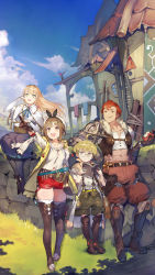 Rule 34 | 2boys, 2girls, :d, abs, absurdres, ahoge, apple, atelier (series), atelier ryza, atelier ryza 1, belt, black legwear, blonde hair, blue skirt, blue sky, book, boots, braid, breasts, brown gloves, brown legwear, capelet, chain, cleavage, clock, cloud, collarbone, day, eating, food, fruit, glasses, gloves, green eyes, green shorts, hair ornament, hairclip, hat, highres, holding, holding book, holding food, holding fruit, jewelry, klaudia valentz, lent marslink, long hair, looking away, midriff, multiple boys, multiple girls, navel, official art, open mouth, outdoors, pants, pantyhose, red hair, red pants, red shorts, reisalin stout, shirt, short shorts, shorts, single braid, single glove, sitting, skirt, sky, smile, standing, tao mongarten, teeth, thighhighs, thighhighs under boots, thighs, toe ring, toridamono, upper teeth only, white headwear, white legwear, white shirt