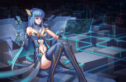 Rule 34 | 1girl, armor, asymmetrical gloves, bad id, bad pixiv id, blue eyes, blue hair, boots, cityscape, clothing cutout, elbow gloves, gloves, headgear, highres, holographic monitor, long hair, looking at viewer, nairobi song, navel, navel cutout, original, science fiction, shoulder armor, sitting, slit pupils, solo, thigh boots, thighhighs, uneven gloves, unmoving pattern