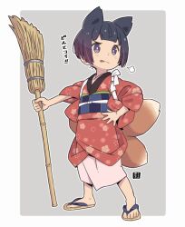 Rule 34 | 1girl, animal ears, bamboo broom, black hair, broom, brown footwear, closed mouth, commentary request, fox ears, fox girl, fox tail, full body, gradient hair, grey background, hand on own hip, holding, holding broom, japanese clothes, kimono, kitsune, kukuri (mawaru), long sleeves, looking away, looking to the side, mawaru (mawaru), multicolored hair, original, purple eyes, purple hair, red kimono, sandals, short hair, solo, standing, tail, tasuki, tongue, tongue out, translation request, two-tone background, v-shaped eyebrows, white background, wide sleeves, zouri