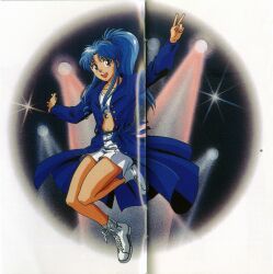 1990s_(style) 1girl alternate_costume blue_hair botan_(yu_yu_hakusho) breasts closed_mouth flying full_body high_ponytail highres japanese_clothes jumping long_hair looking_at_viewer multiple_views navel oar official_art open_mouth ponytail purple_eyes retro_artstyle scan shoes shorts simple_background sitting smile sneakers solo v wide_sleeves yuu_yuu_hakusho