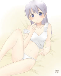 Rule 34 | 00s, 1girl, bed, blue eyes, blush, eila ilmatar juutilainen, female focus, half-shirt, hanyu, lingerie, navel, off shoulder, panties, purple hair, signature, solo, strike witches, underwear, world witches series